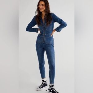 Free People Dark Denim Zip-Front Lennox Jumpsuit